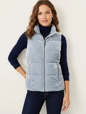 Sz XS LOFT Velvet Puffer Vest Soft Blue Zip Front Cozy Luxe Layer